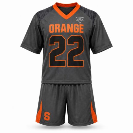 Custom lacrosse jersey front view with team name ORANGE and number 22, grey and orange design