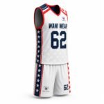 Side view of a custom lacrosse jersey and shorts with sublimated stars and stripes side panels, athletic fit, breathable polyester fabric, and Wani Wear branding.