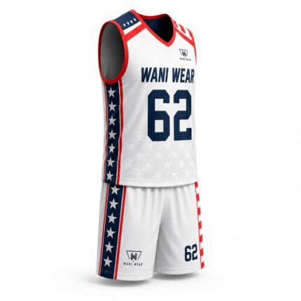 Side view of a custom lacrosse jersey and shorts with sublimated stars and stripes side panels, athletic fit, breathable polyester fabric, and Wani Wear branding.