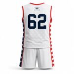 Back view of a custom sublimated lacrosse uniform with personalized player number, USA-inspired side panels, breathable mesh fabric, and Wani Wear logo.
