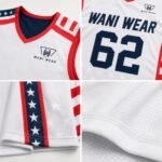 Custom lacrosse uniform product features infographic showing breathable mesh fabric, moisture-wicking technology, premium stitching, sublimation printing, V-neck design, and elastic waistband.