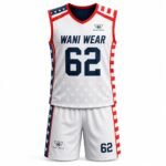 Custom sublimated lacrosse uniform front view featuring a white jersey and shorts with USA-inspired stars and stripes design, breathable mesh fabric, V-neck collar, and Wani Wear logo.