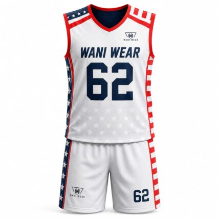 Custom sublimated lacrosse uniform front view featuring a white jersey and shorts with USA-inspired stars and stripes design, breathable mesh fabric, V-neck collar, and Wani Wear logo.