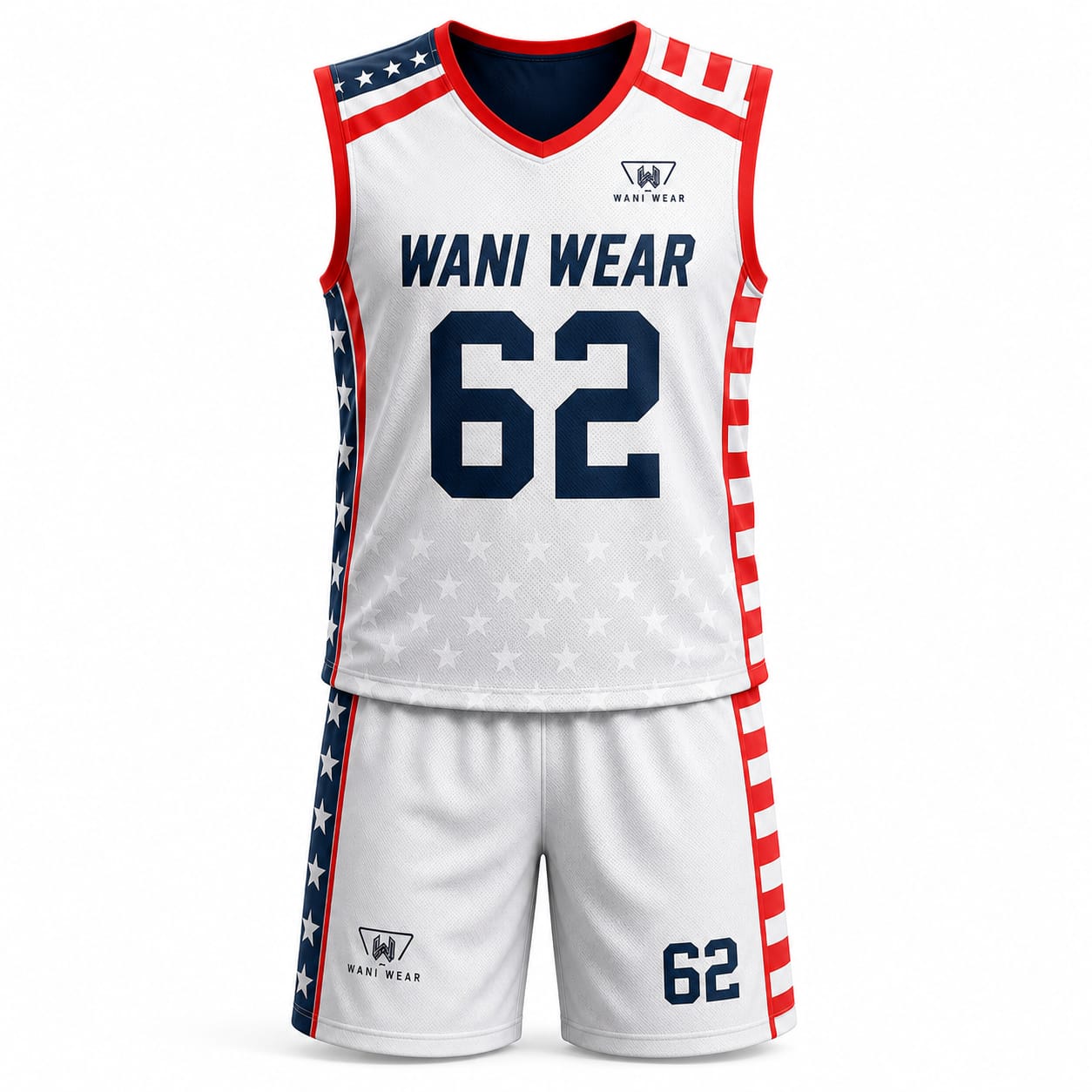 Custom sublimated lacrosse uniform front view featuring a white jersey and shorts with USA-inspired stars and stripes design, breathable mesh fabric, V-neck collar, and Wani Wear logo.