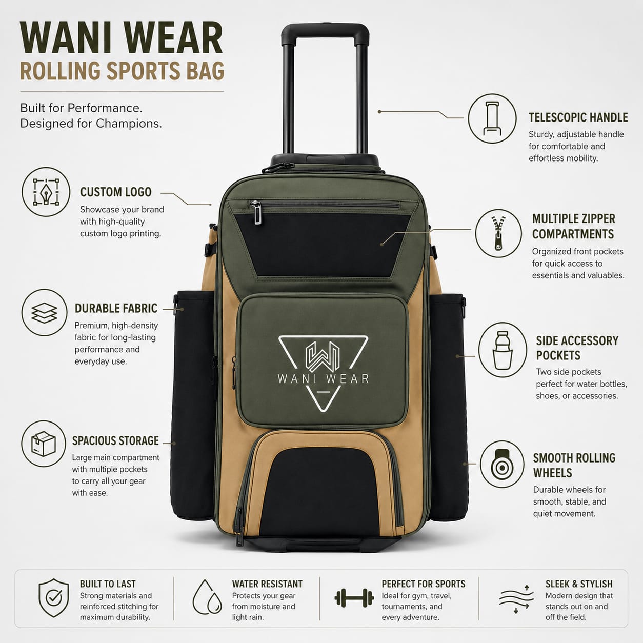 Baseball trolley bag features infographic – telescopic handle, custom logo, durable fabric