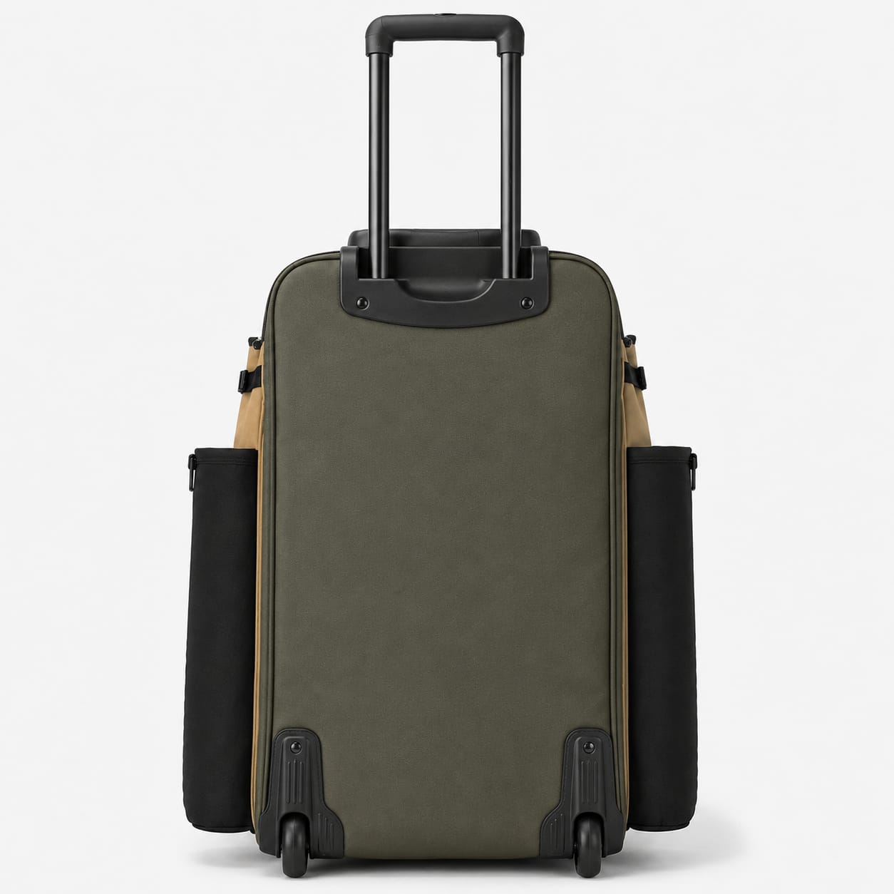 Rolling baseball equipment bag back view with retracted telescopic handle