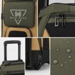Custom baseball trolley bag details – logo patch, YKK-style zipper, wheels, and water-resistant fabric