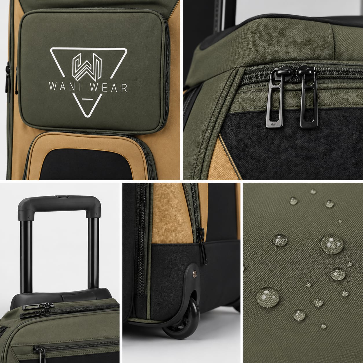 Custom baseball trolley bag details – logo patch, YKK-style zipper, wheels, and water-resistant fabric