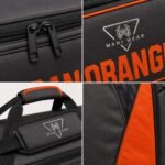 Close-up details of custom lacrosse bag zippers, logo embroidery, and fabric