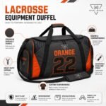 Lacrosse equipment duffel bag features infographic - durable fabric, multiple compartments, custom branding