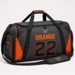 Custom lacrosse duffel bag with orange sublimated logo and lacrosse stick print