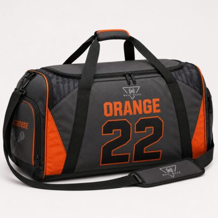 Custom lacrosse duffel bag with orange sublimated logo and lacrosse stick print