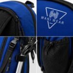 Close-up details of lacrosse backpack zippers, logo print, and mesh side pocket