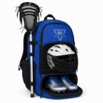 Lacrosse backpack with helmet in mesh pocket and cleats in shoe compartment