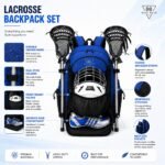 Lacrosse backpack set features infographic showing fabric, stick holders, helmet pocket, and straps