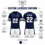 Custom lacrosse uniform infographic showing breathable fabric, moisture-wicking, and reinforced stitching features