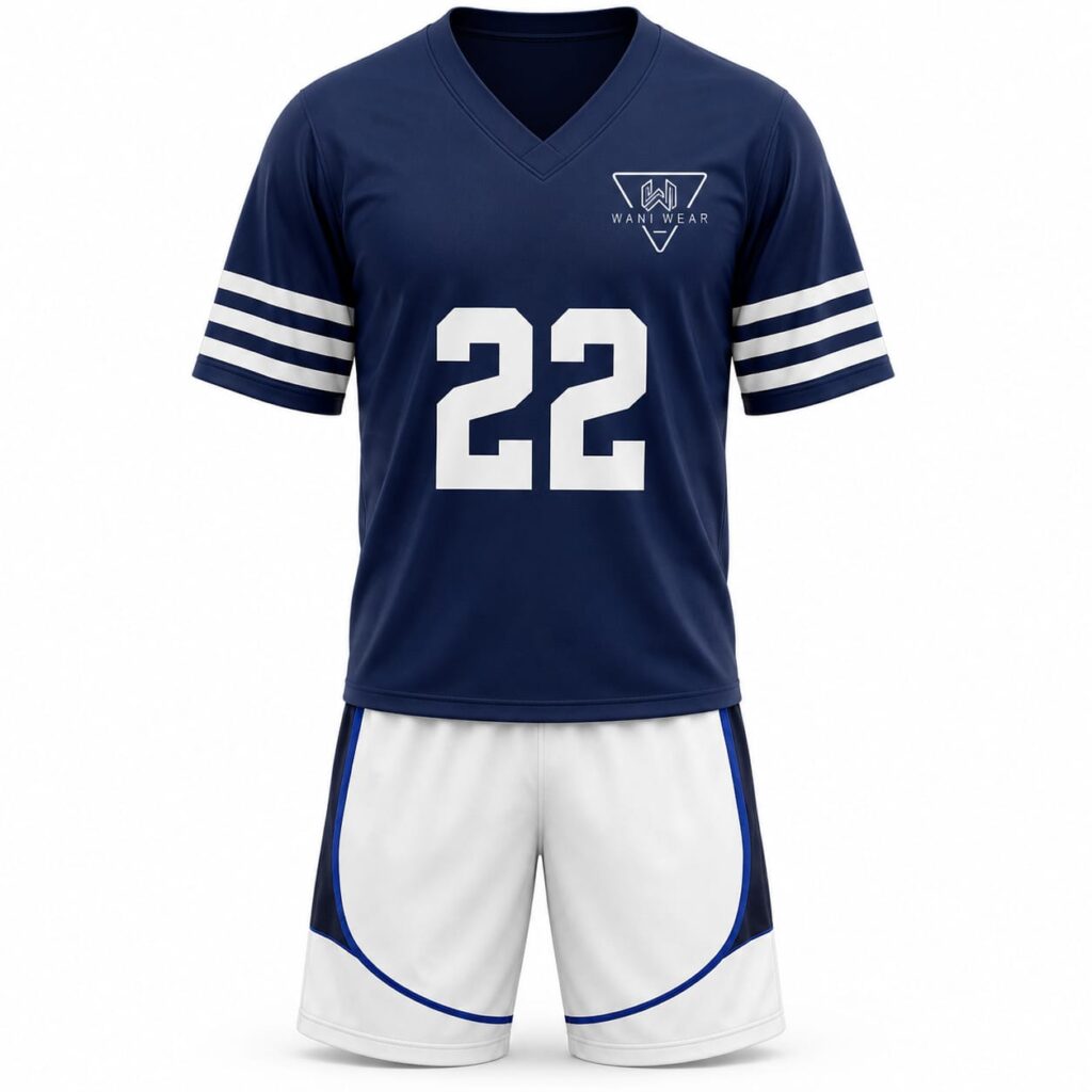 Custom navy and white lacrosse jersey front view with number 22 and Wani Wear branding
