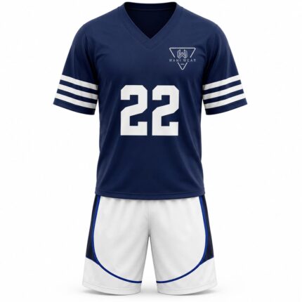 Custom navy and white lacrosse jersey front view with number 22 and Wani Wear branding
