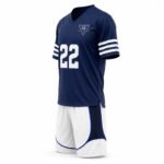 Side angle view of custom navy lacrosse jersey and shorts uniform set