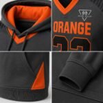 Close-up detail shots of custom lacrosse hoodie hood lining, chest logo, pocket seam, and ribbed cuff