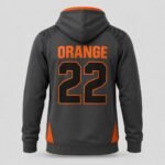 Back view of custom sublimated lacrosse hoodie with large Orange 22 team name and number print