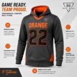 Infographic showing custom lacrosse hoodie features including premium fabric, athletic fit, kangaroo pocket, and ribbed cuffs
