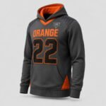 Grey lacrosse pullover hoodie with orange accents and Orange 22 team print, front view