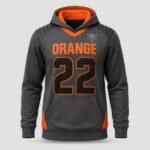 Custom sublimated lacrosse hoodie in grey and orange with Orange 22 print, front angle view
