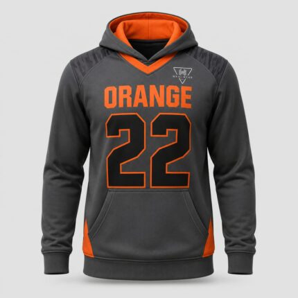 Custom sublimated lacrosse hoodie in grey and orange with Orange 22 print, front angle view