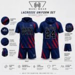 Lacrosse uniform set infographic showing front and back view with fabric, fit and branding features