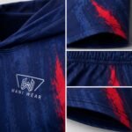 Close-up of sublimated lacrosse jersey fabric, stitching, hood and elastic waistband detail