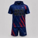 Custom sublimated lacrosse uniform set front view, navy and red hooded jersey with matching shorts