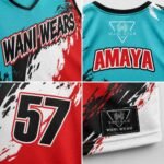 Custom teal and red sublimated lacrosse jersey collar and shoulder detail