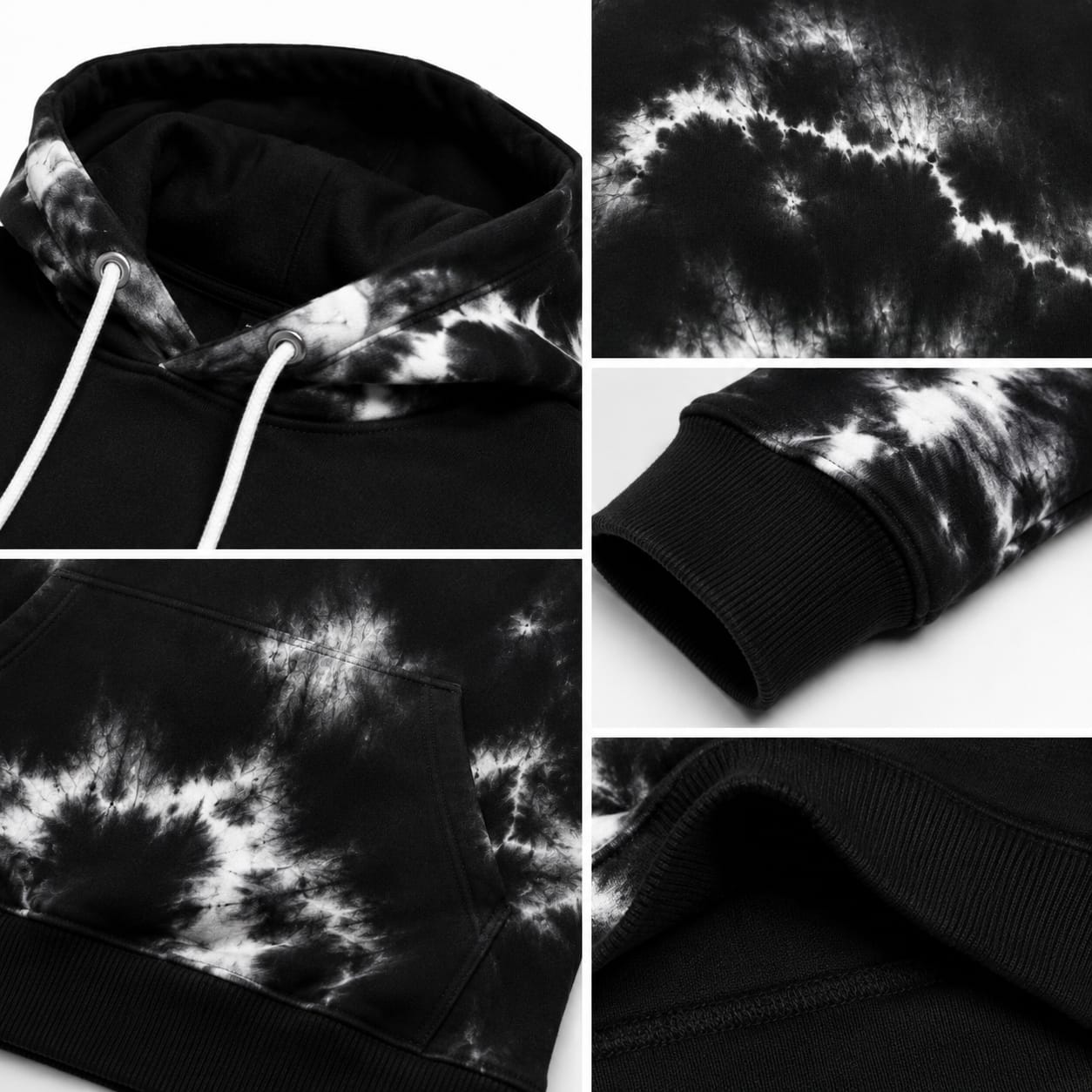 Close-up detail of custom hoodie drawstring hood, ribbed cuff, kangaroo pocket, and Wani Wears logo print
