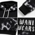 Close-up of tie-dye fabric texture, ribbed hem, and stitching on a wholesale custom hoodie