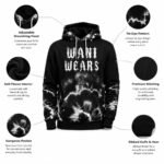 Wholesale hoodie manufacturer feature diagram showing fleece interior, ribbed cuffs, kangaroo pocket, and stitching