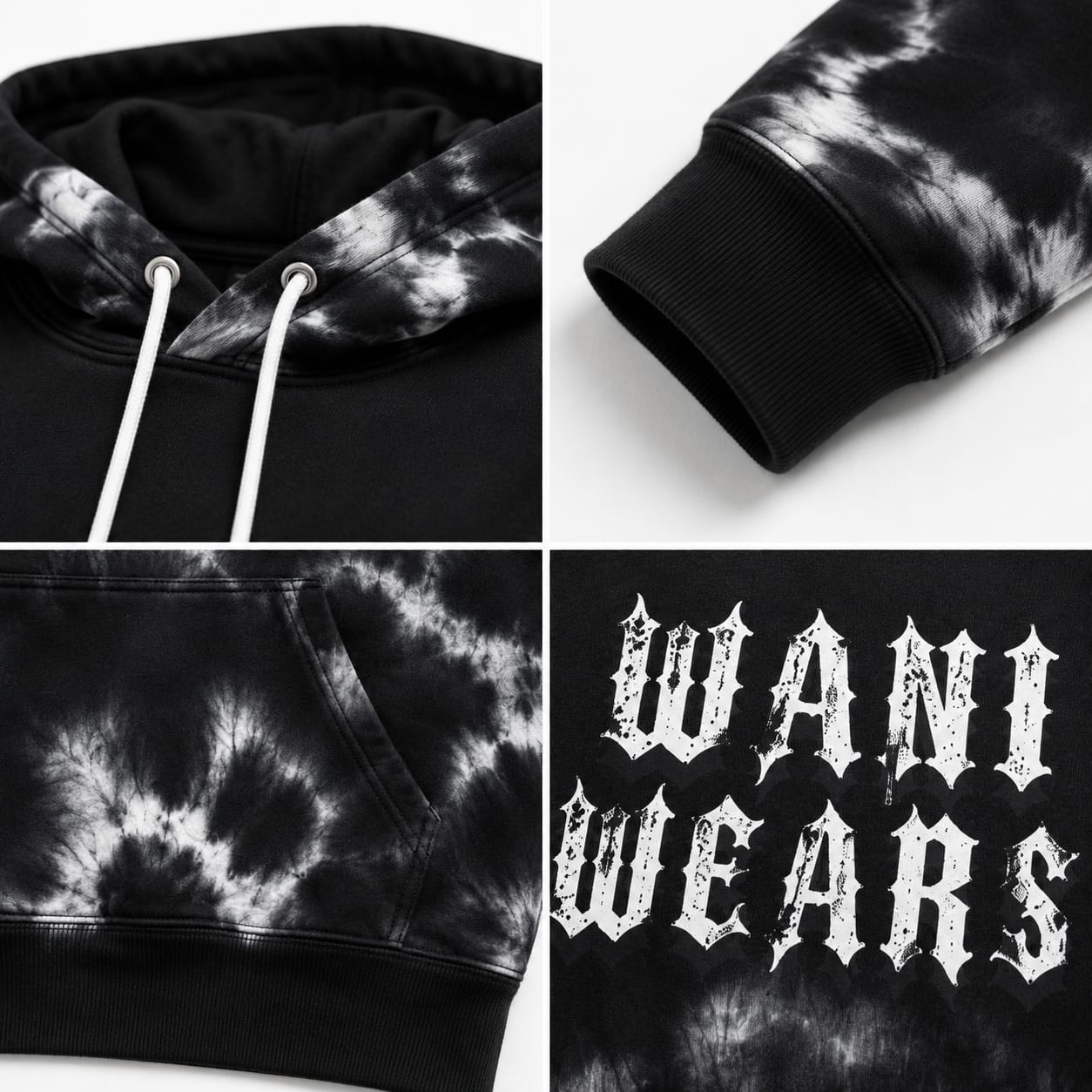 Close-up of tie-dye fabric texture, ribbed hem, and stitching on a wholesale custom hoodie