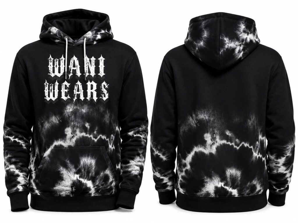 Black and white custom tie-dye pullover hoodie front and back view with Wani Wears logo print