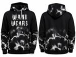 Black and white custom tie-dye pullover hoodie front and back view with Wani Wears logo print