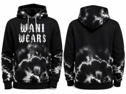 Black and white custom tie-dye pullover hoodie front and back view with Wani Wears logo print