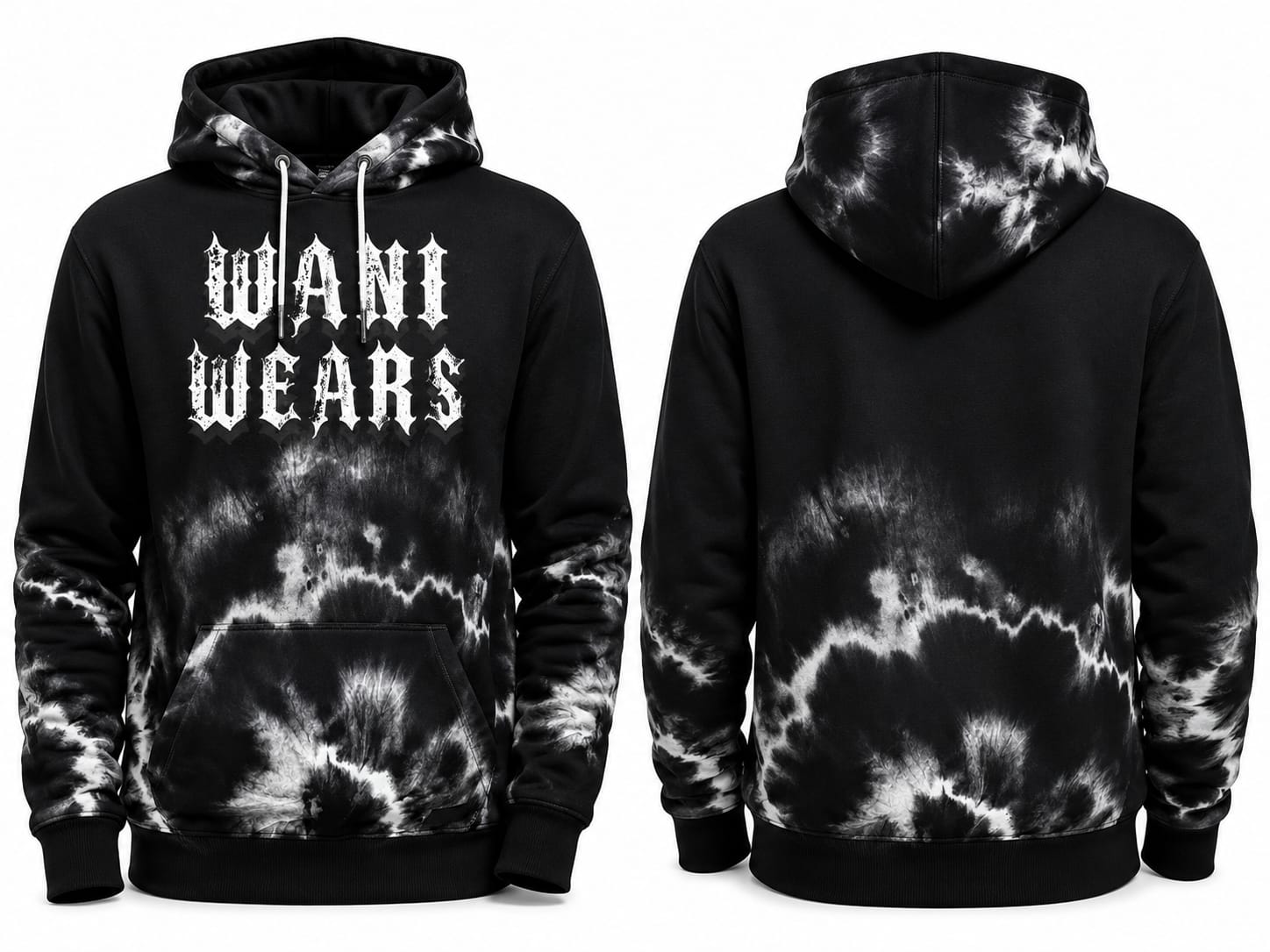 Black and white custom tie-dye pullover hoodie front and back view with Wani Wears logo print
