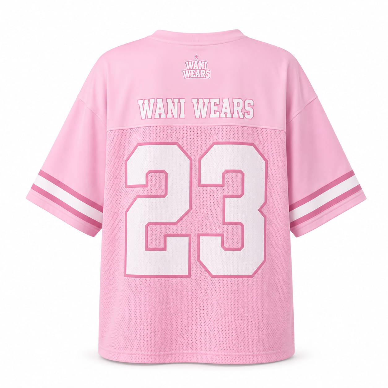Back of pink oversized football jersey showing sublimated team name and number 23