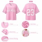 Pink oversized mesh football jersey specification chart showing V-neck, sleeve stripe, and premium stitching