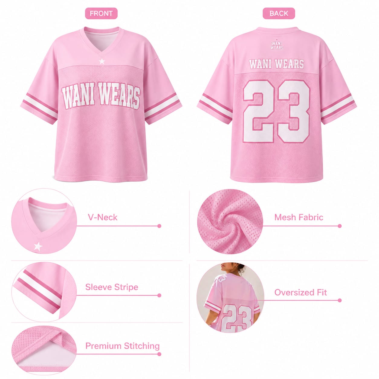Pink oversized mesh football jersey specification chart showing V-neck, sleeve stripe, and premium stitching