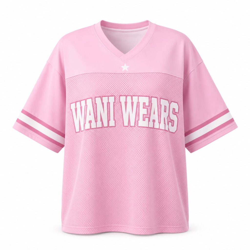 Pink oversized V-neck mesh football jersey with WANI WEARS branding and sleeve stripes