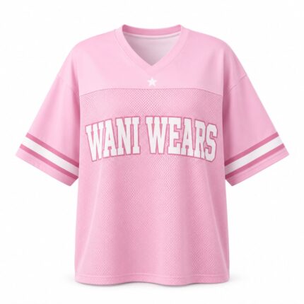 Pink oversized V-neck mesh football jersey with WANI WEARS branding and sleeve stripes