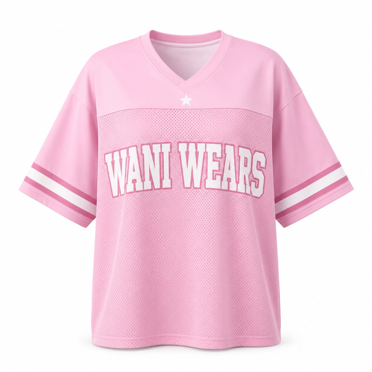 Pink oversized V-neck mesh football jersey with WANI WEARS branding and sleeve stripes