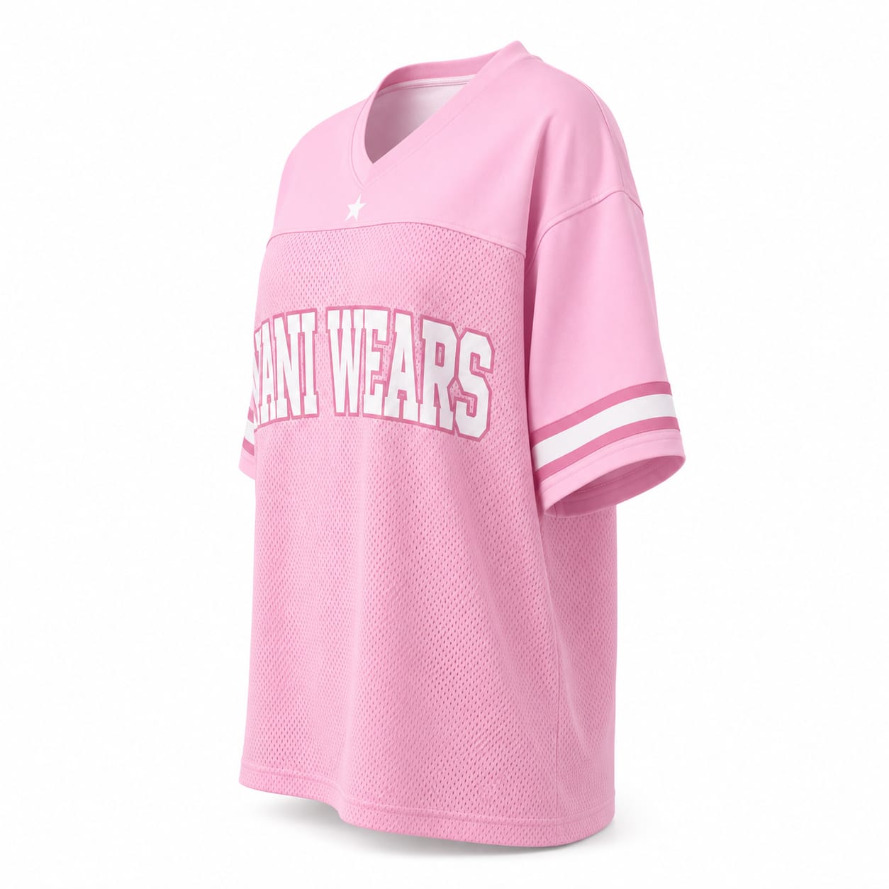 Pink oversized V-neck mesh football jersey with WANI WEARS branding and sleeve stripes