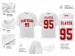 Custom football jersey specification chart showing breathable mesh, ribbed collar, and double stitching