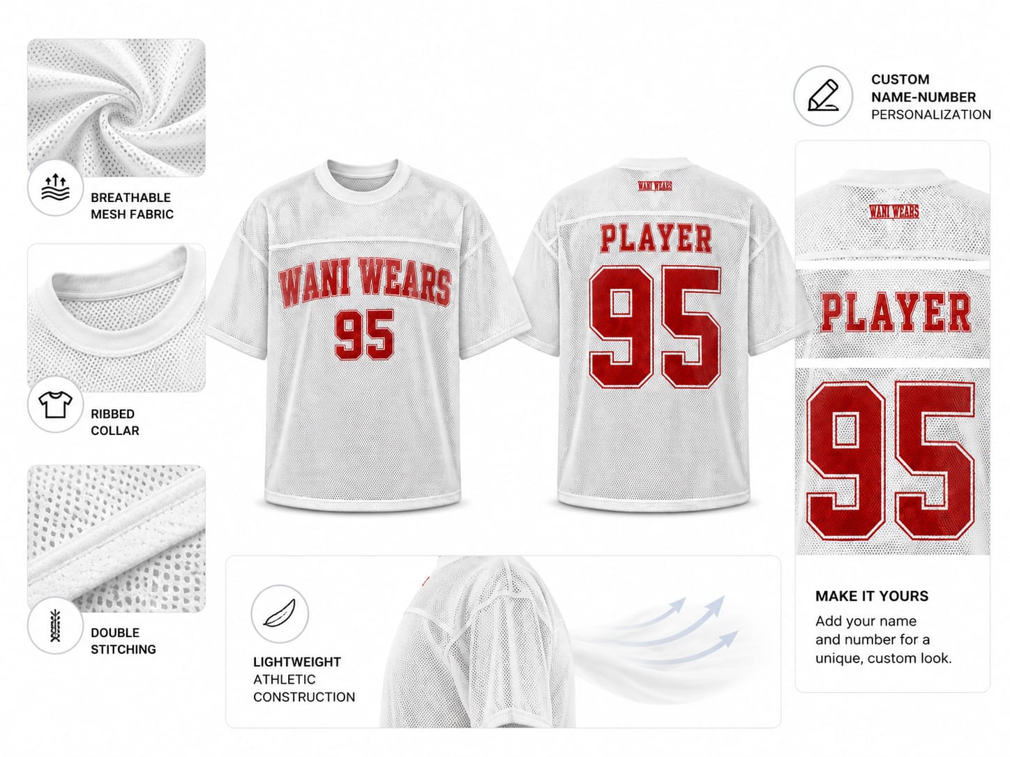 Custom football jersey specification chart showing breathable mesh, ribbed collar, and double stitching